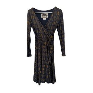Effie's Heart Navy and Gold Leaves A-line Faux Wrap Dress, Tie Waist, Size S
